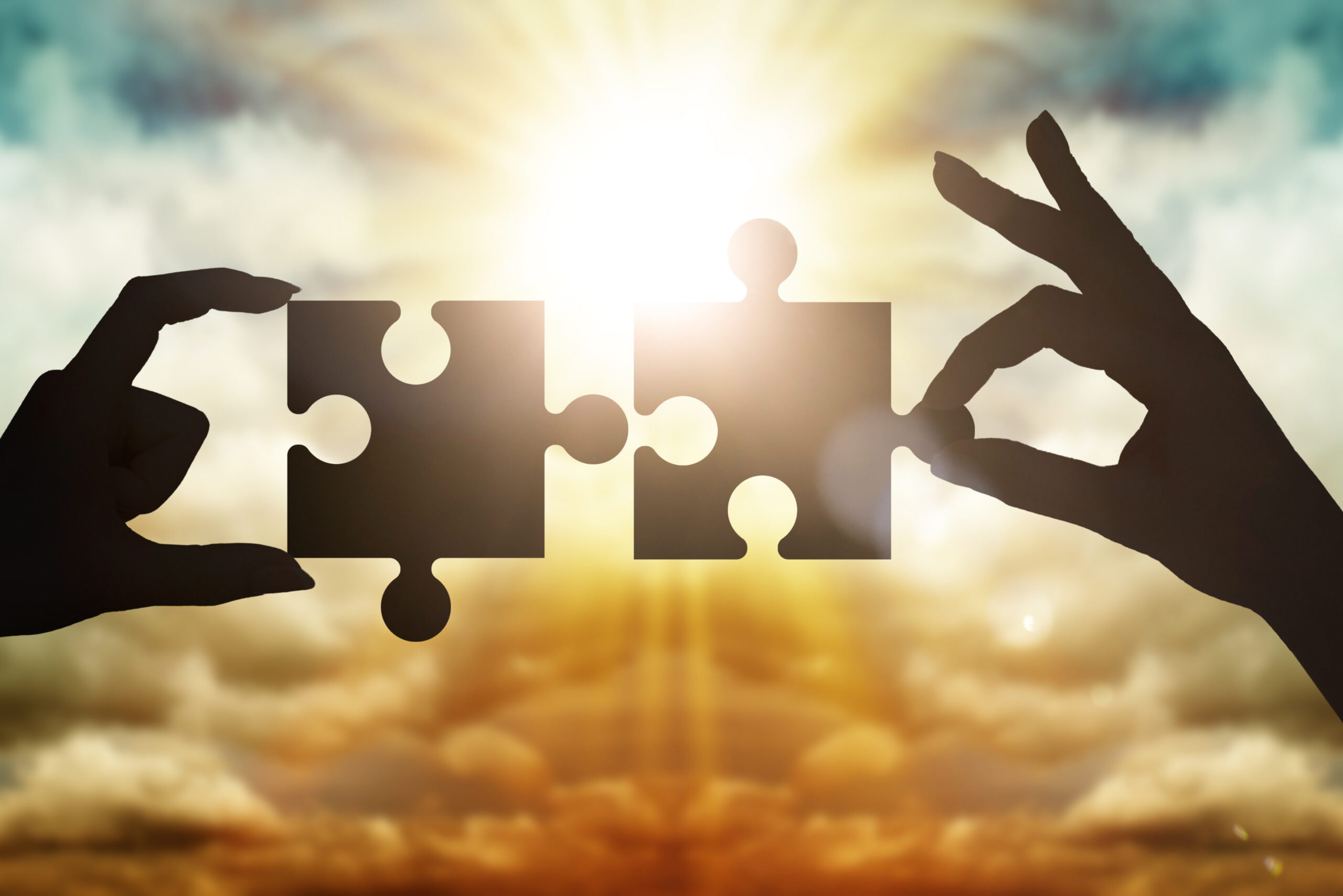 Silhouetted hands hold two interlocking puzzle pieces against a bright, golden sky.