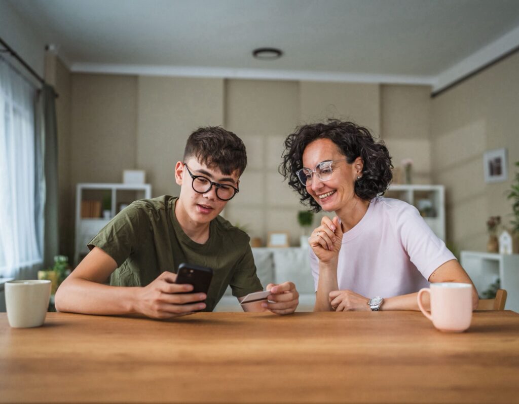 Teenage boy and his mom using a phone at a counter