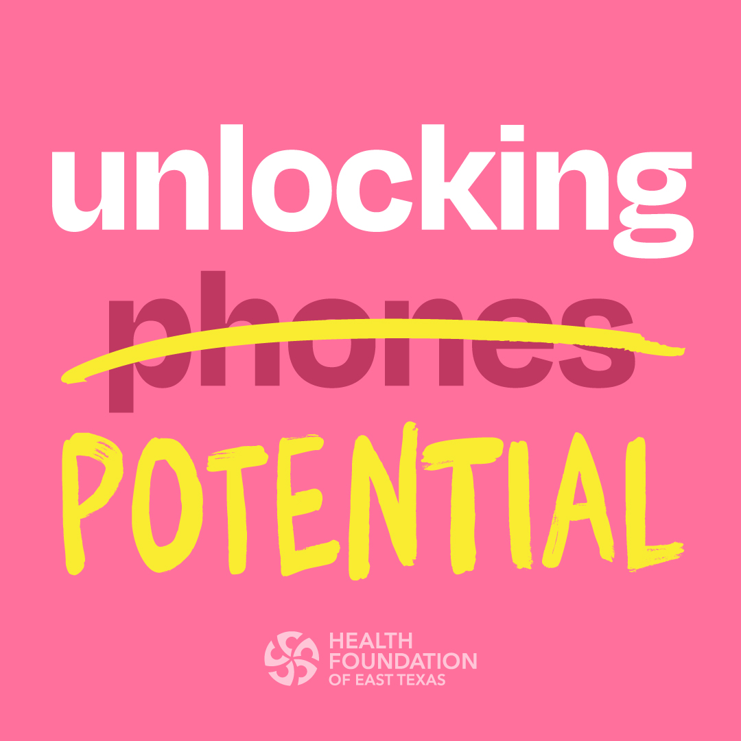 Pink graphic with the words “unlocking phones” in large type; “phones” is crossed out in yellow and replaced with “POTENTIAL.”